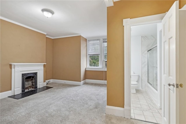5972 Alder St, Shadyside, PA 15232 - unfurnished living room with baseboards, carpet flooring, a fireplace with flush hearth, and ornamental molding