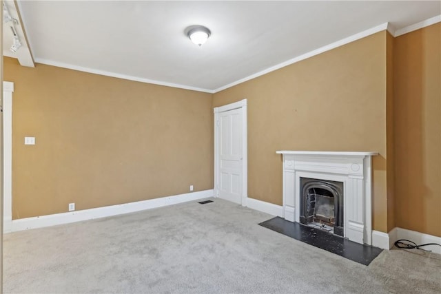 5972 Alder St, Shadyside, PA 15232 - unfurnished living room featuring carpet flooring, ornamental molding, a fireplace with flush hearth, and baseboards