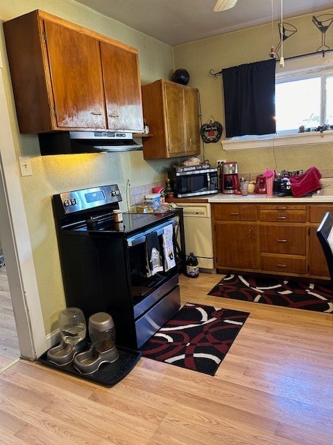 kitchen with ventilation hood, appliances with stainless steel finishes, and light wood-type flooring