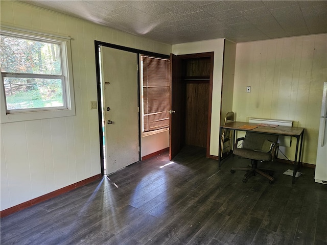 unfurnished office featuring wooden walls and dark hardwood / wood-style flooring