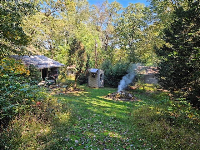 view of yard featuring a storage shed