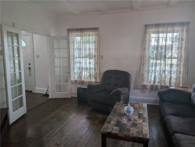 living room with plenty of natural light, french doors, beamed ceiling, and dark hardwood / wood-style floors