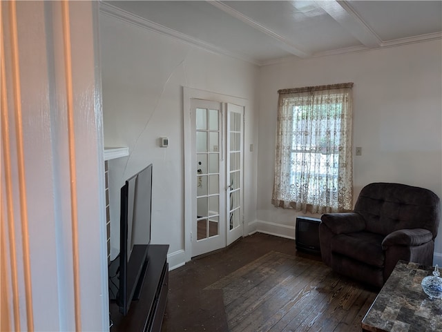 living room with dark hardwood / wood-style floors, beam ceiling, crown molding, and french doors