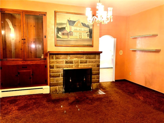 unfurnished living room featuring carpet floors, a fireplace, baseboard heating, and a chandelier