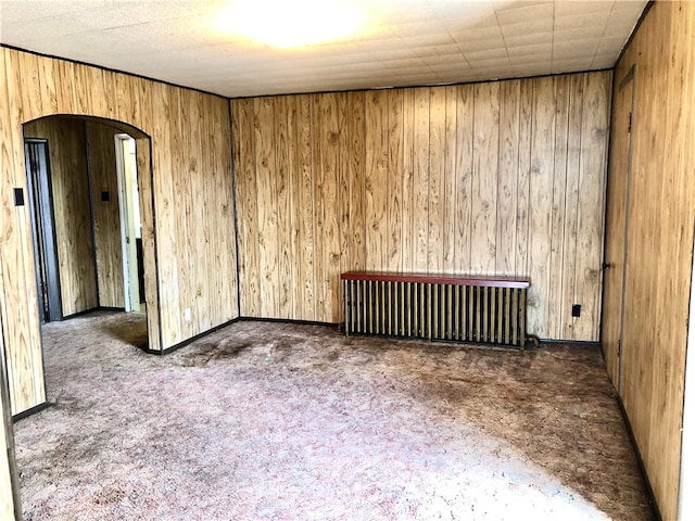 carpeted spare room featuring wooden walls