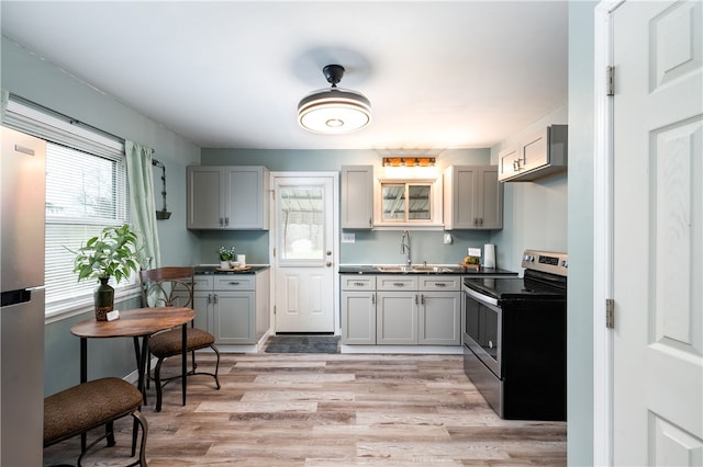 kitchen featuring gray cabinetry, light hardwood / wood-style flooring, stainless steel range with electric cooktop, and sink