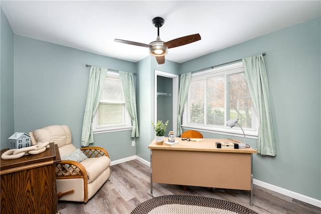 sitting room featuring ceiling fan and light hardwood / wood-style flooring