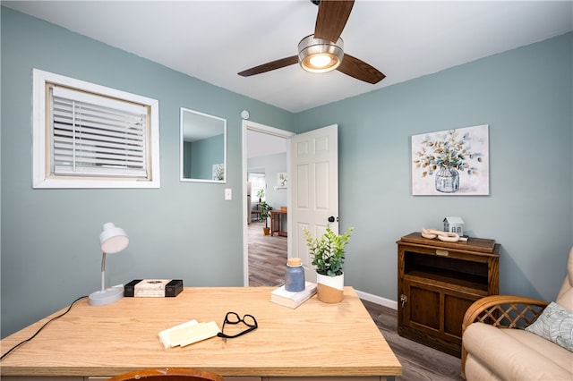 office space with ceiling fan and dark wood-type flooring