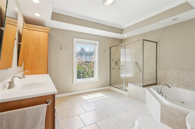 full bathroom with tile patterned flooring, toilet, vanity, and separate shower and tub