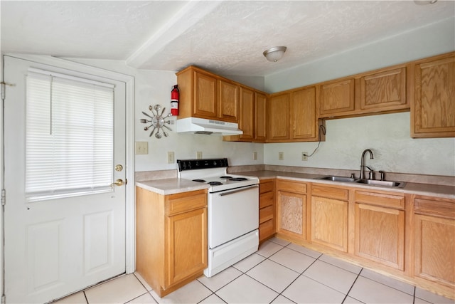 kitchen with lofted ceiling, light tile patterned floors, sink, a textured ceiling, and white range with electric stovetop