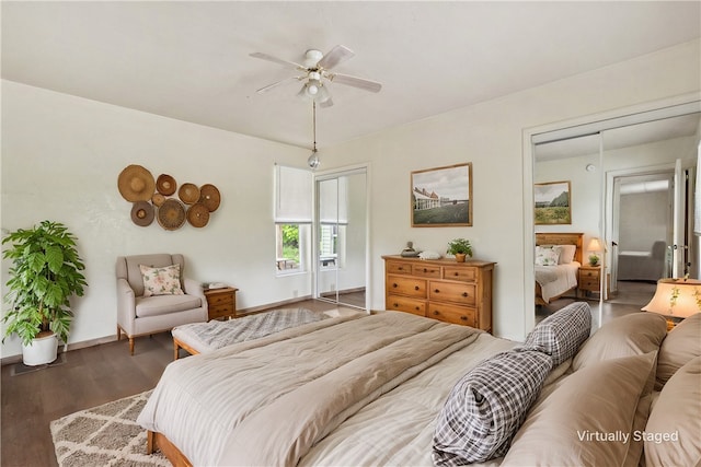 bedroom with a closet, ceiling fan, and dark hardwood / wood-style flooring