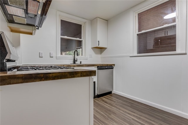 kitchen featuring white cabinets, dishwasher, hardwood / wood-style floors, and sink