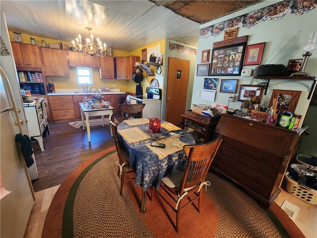 dining space with wood finished floors, wooden ceiling, and an inviting chandelier