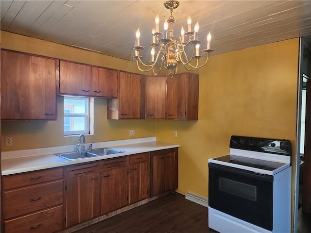 kitchen with electric stove, light countertops, brown cabinetry, a sink, and wooden ceiling