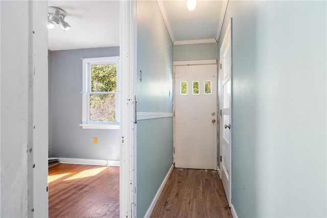 doorway featuring hardwood / wood-style floors and crown molding