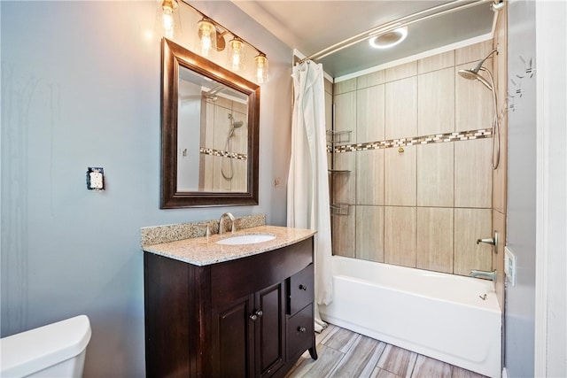 full bathroom with wood-type flooring, vanity, shower / bath combination with curtain, and toilet