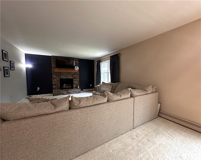 living room with a fireplace and carpet flooring