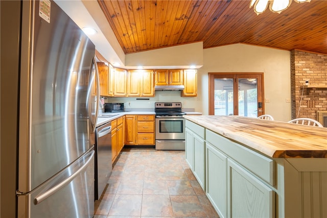 kitchen featuring french doors, stainless steel appliances, wooden ceiling, lofted ceiling, and wooden counters