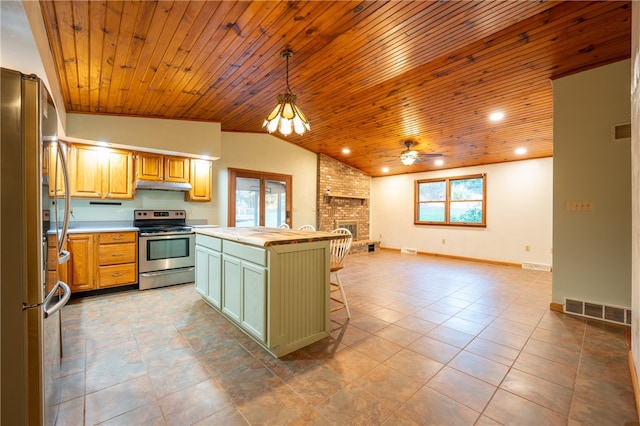 kitchen with a center island, wood ceiling, stainless steel appliances, and plenty of natural light