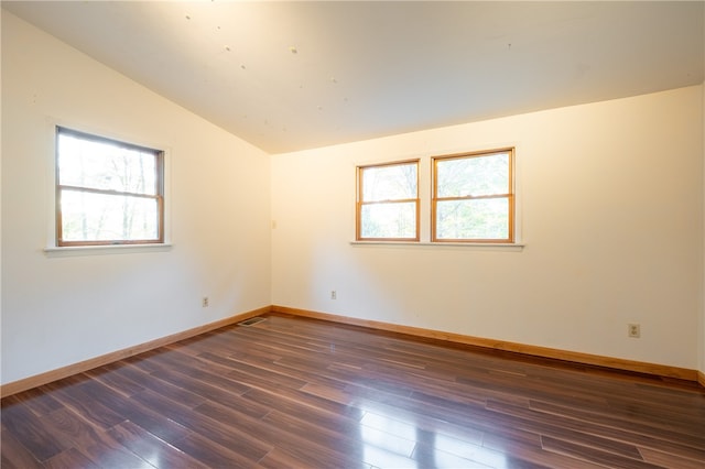 unfurnished room with a wealth of natural light, lofted ceiling, and dark wood-type flooring