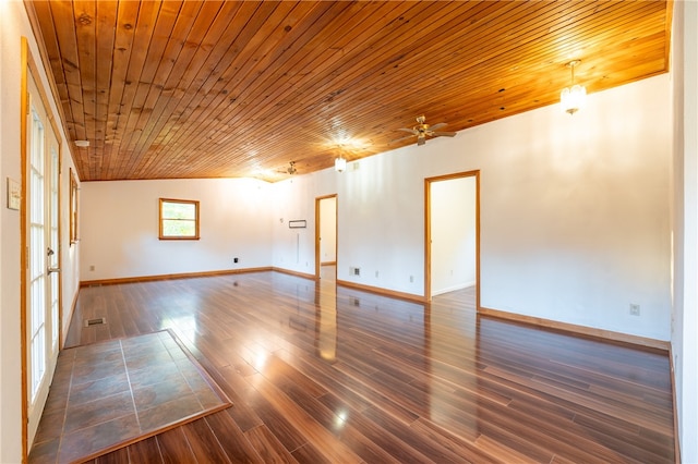 empty room with lofted ceiling, wood ceiling, dark hardwood / wood-style floors, and ceiling fan