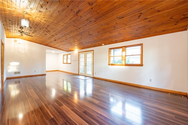 unfurnished room with dark hardwood / wood-style flooring, french doors, wood ceiling, and a wealth of natural light