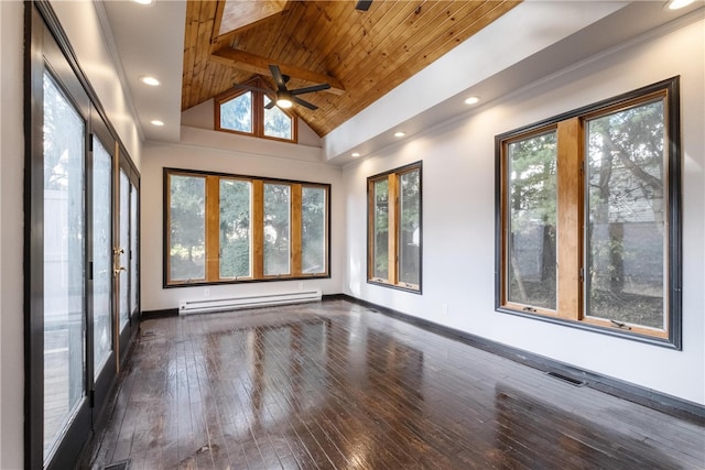 unfurnished sunroom featuring french doors, wood ceiling, vaulted ceiling, a baseboard radiator, and ceiling fan