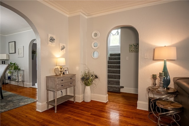 interior space featuring crown molding and dark hardwood / wood-style flooring