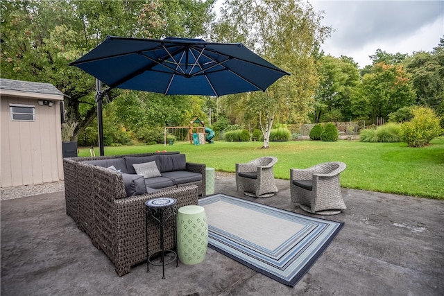 view of patio / terrace with an outdoor hangout area and a playground