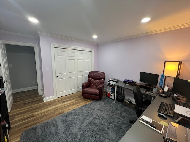 office featuring ornamental molding and dark wood-type flooring