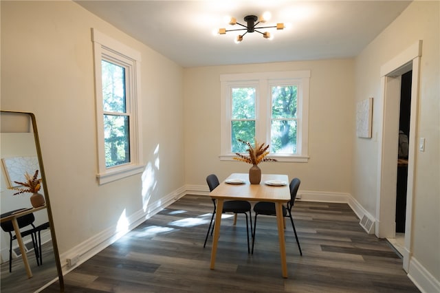 dining area with a notable chandelier, dark hardwood / wood-style floors, and plenty of natural light