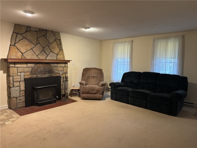 carpeted living room featuring baseboard heating