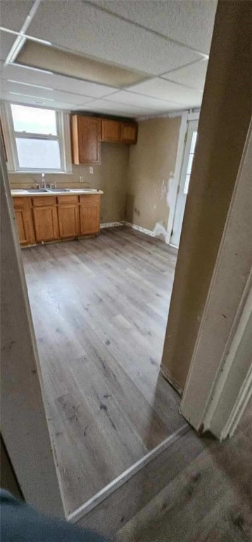 kitchen featuring sink, a drop ceiling, and light wood-type flooring