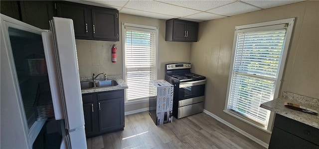 kitchen with light hardwood / wood-style floors, sink, stainless steel range with electric cooktop, and a wealth of natural light