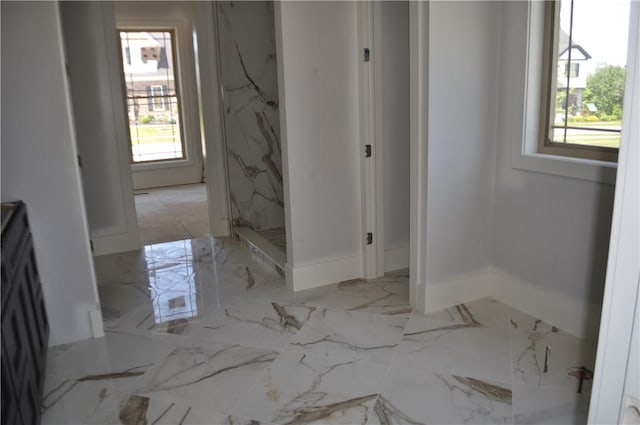 207 Falcon Ln, Cranberry Twp, PA 16066 - bathroom featuring healthy amount of natural light, a marble finish shower, and marble tiled flooring