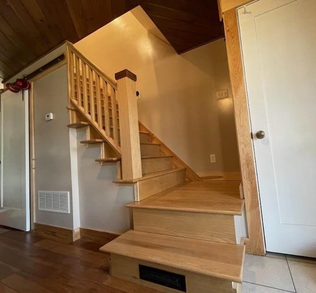 stairway featuring hardwood / wood-style floors and wood ceiling