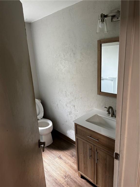 bathroom featuring hardwood / wood-style floors, vanity, and toilet