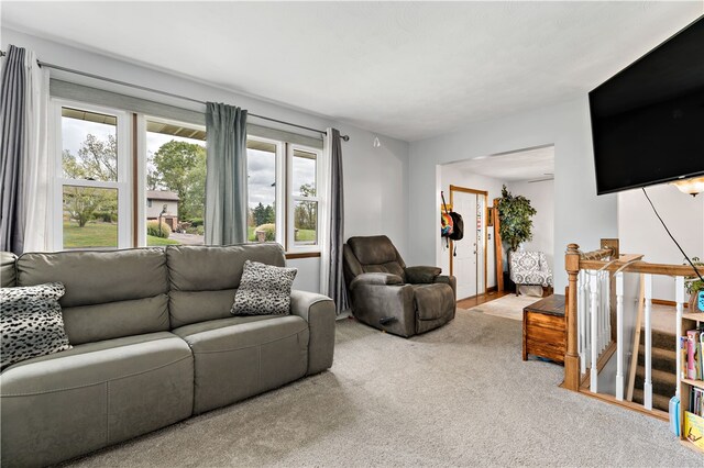 living room featuring light carpet