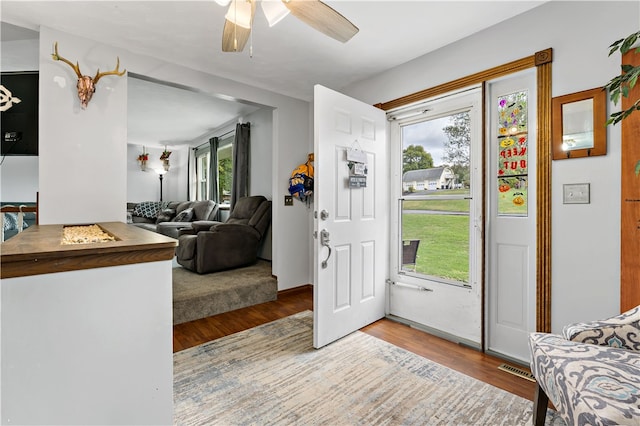 entrance foyer with hardwood / wood-style flooring, ceiling fan, and plenty of natural light