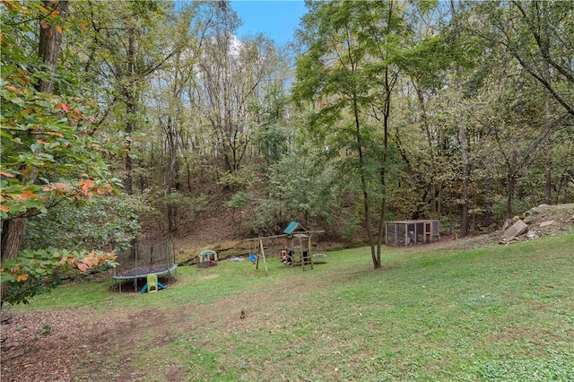 view of yard with a trampoline and a playground