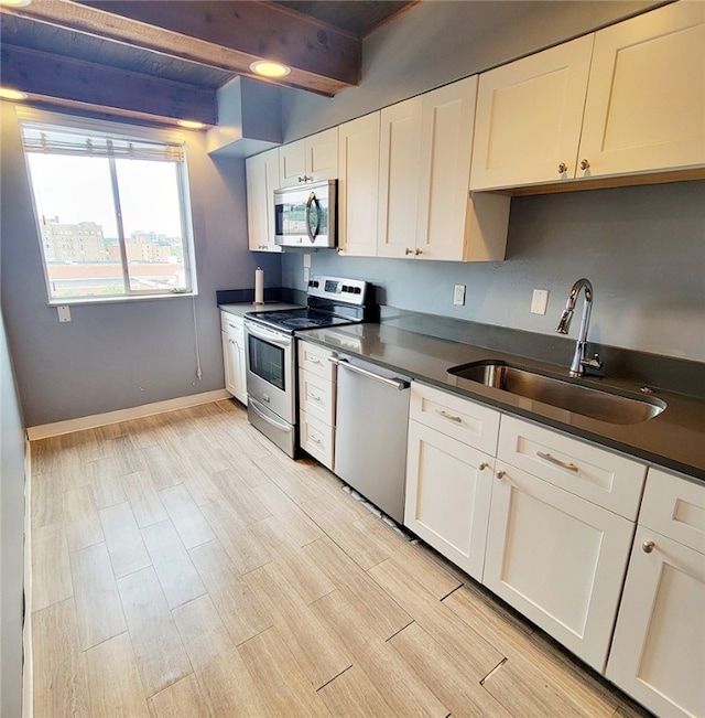 kitchen with stainless steel appliances, white cabinetry, beamed ceiling, and sink