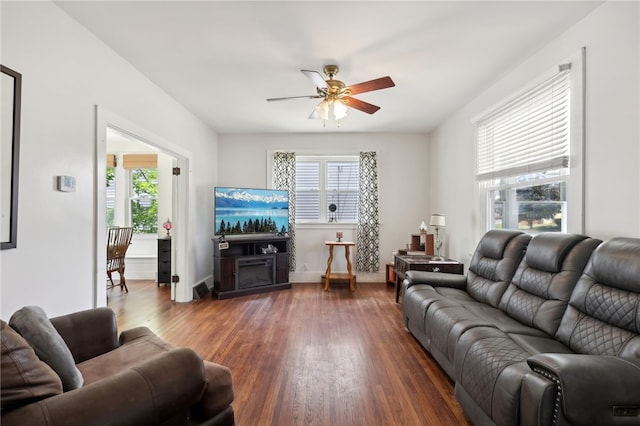 living room with ceiling fan, plenty of natural light, and dark wood-type flooring