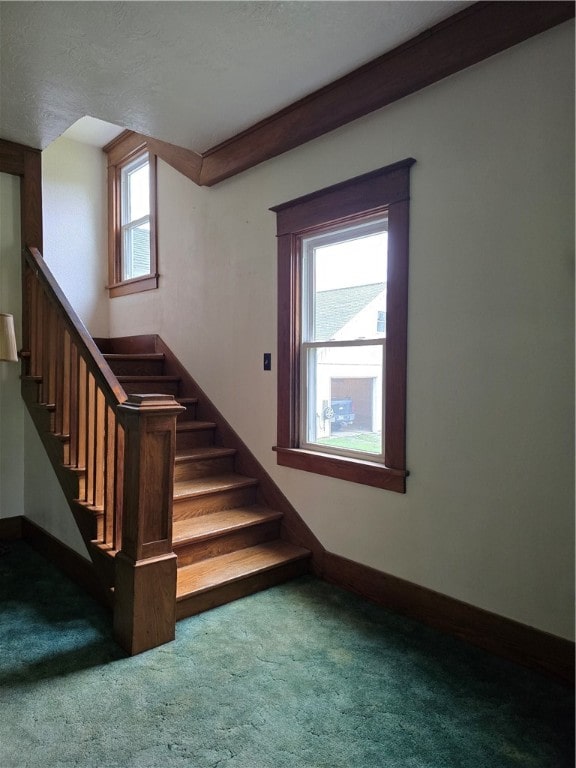 stairs with a wealth of natural light, a textured ceiling, and carpet floors