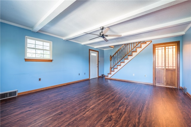 unfurnished room featuring beam ceiling, ceiling fan, dark hardwood / wood-style flooring, and ornamental molding