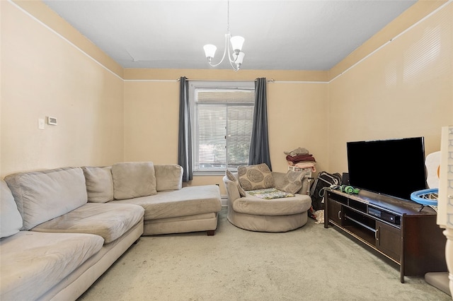 living room featuring a chandelier and light colored carpet