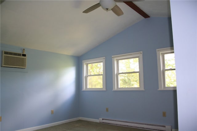 carpeted spare room with lofted ceiling with beams, a baseboard heating unit, a wall unit AC, and ceiling fan