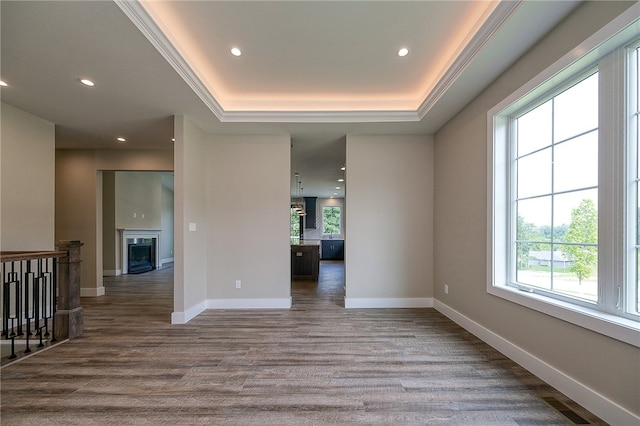 unfurnished room with wood-type flooring, a tray ceiling, and crown molding