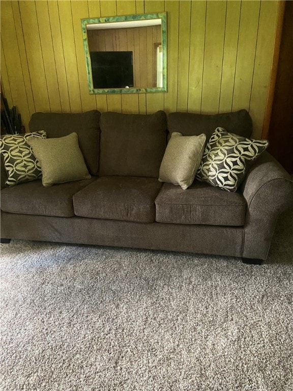 living room with wooden walls and carpet flooring