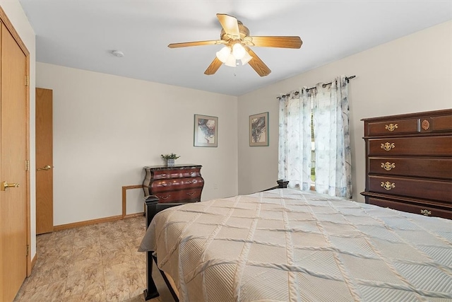 bedroom with ceiling fan and a closet