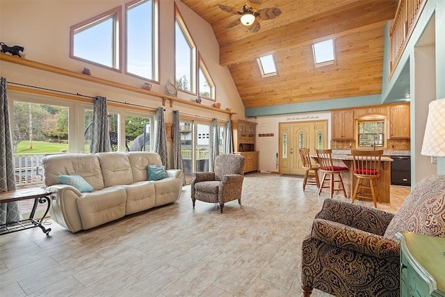 living room with high vaulted ceiling, ceiling fan, and wooden ceiling